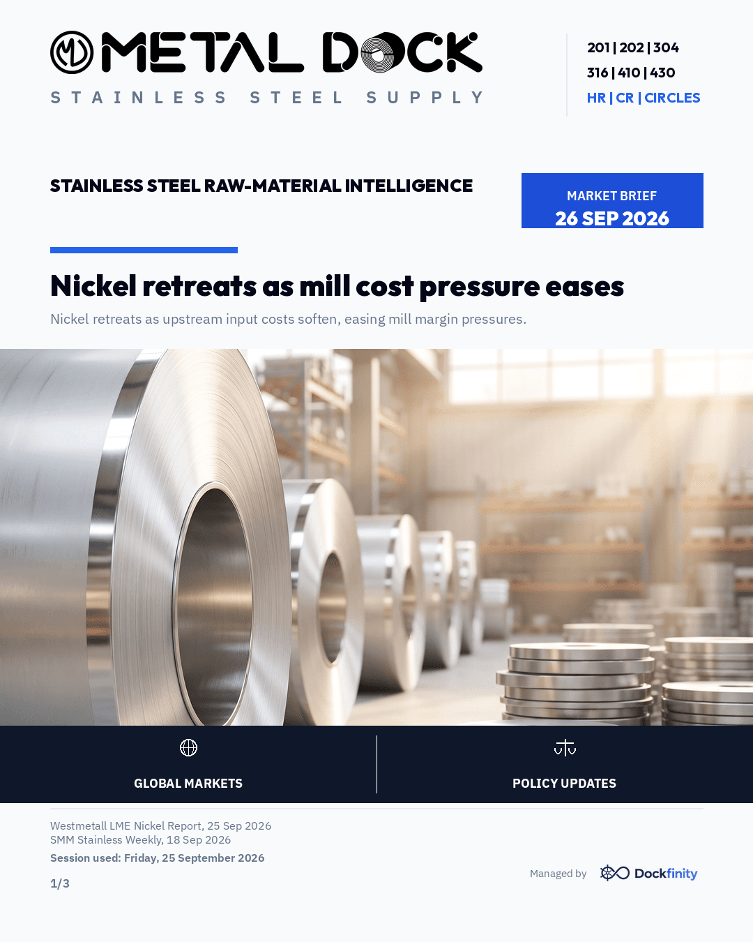 Nickel retreats as mill cost pressure eases — card 1 of 3